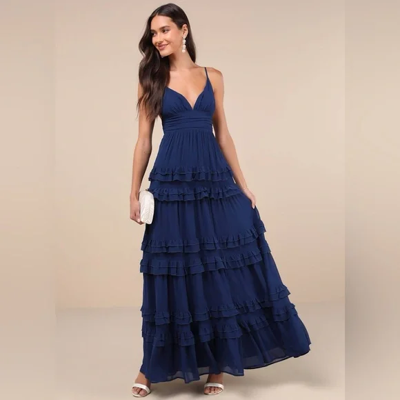 Lulus Lavish Perfection Ruffle Tiered Maxi Dress XS Navy Blue Chiffon Formal - Picture 3 of 11